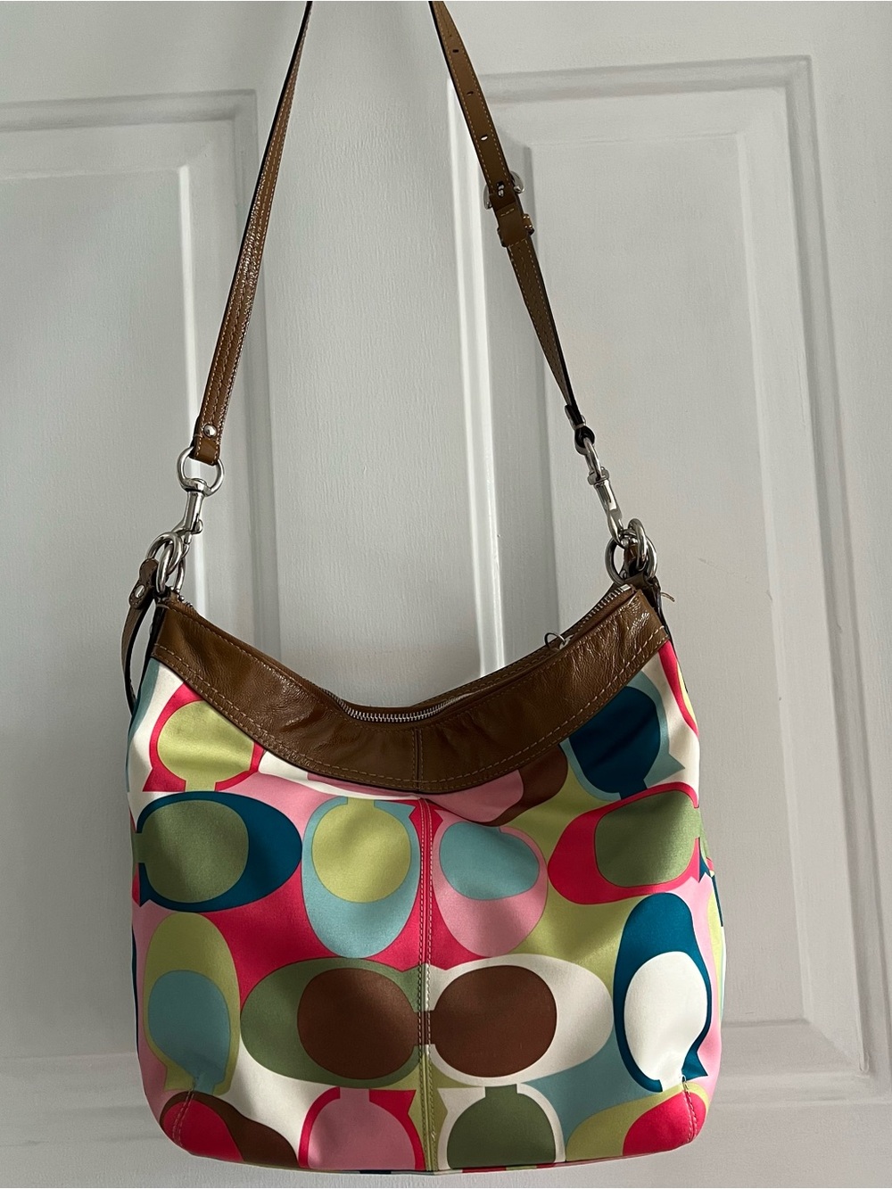 COACH  Vintage Multicolor Circle-Print Shoulder Bag with Brown Trim